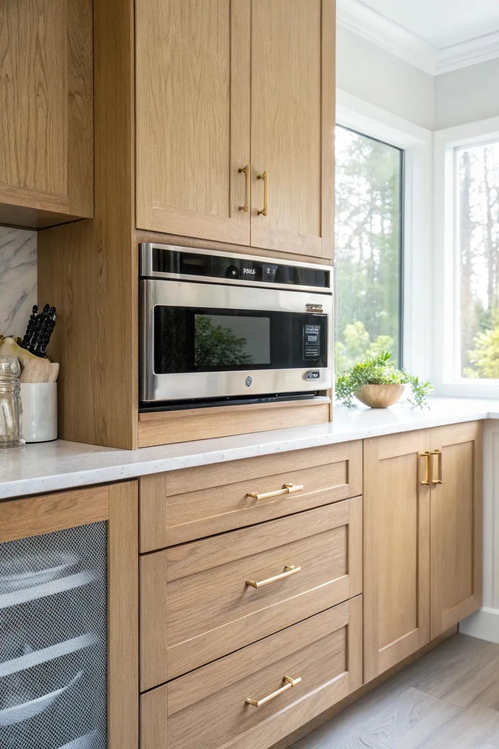 Over-the-range built-in microwave cabinet—sleek, space-saving style with warm oak contrast.