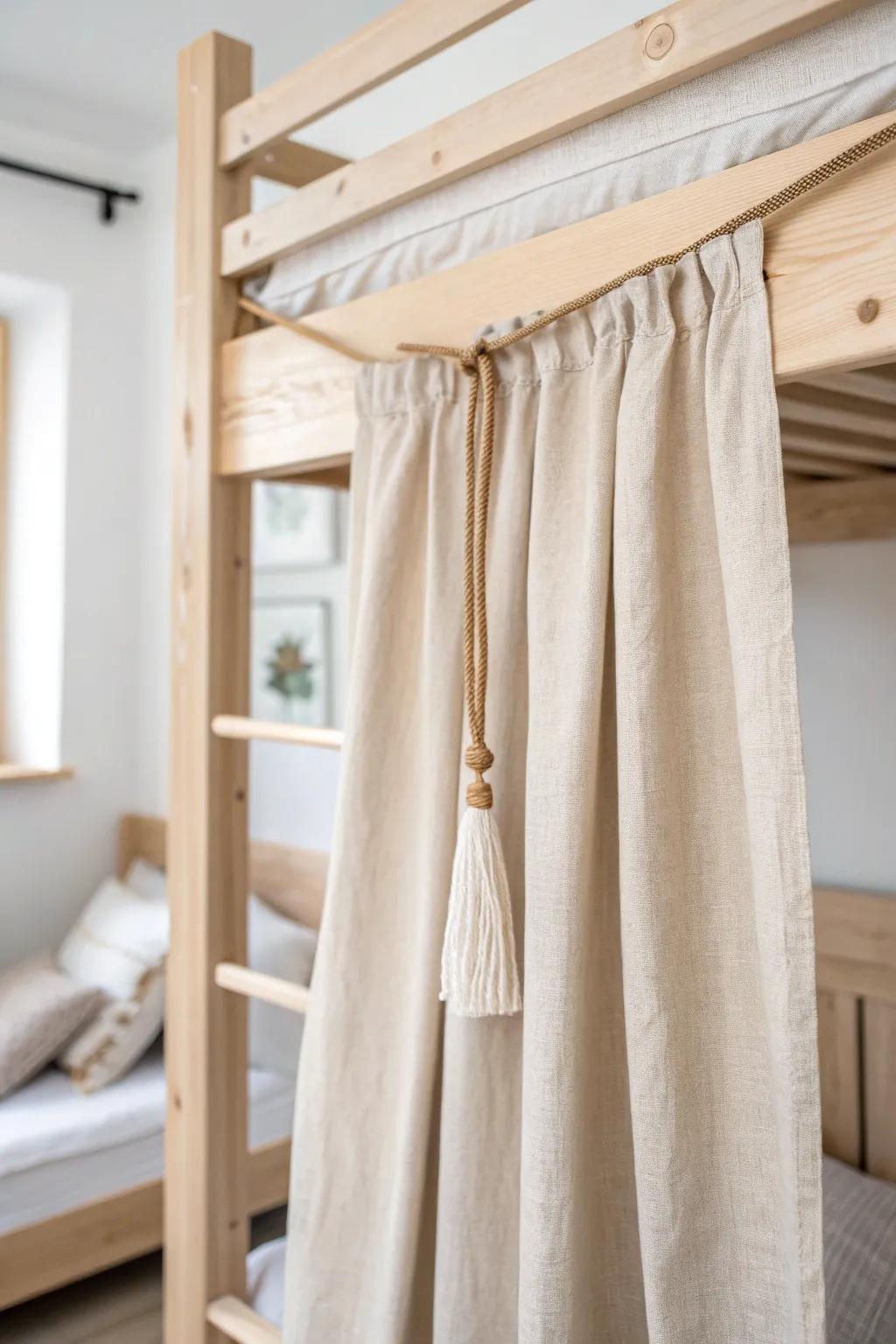 Turn a plain bunk into a cozy hideaway with soft linen curtains and a simple rod.