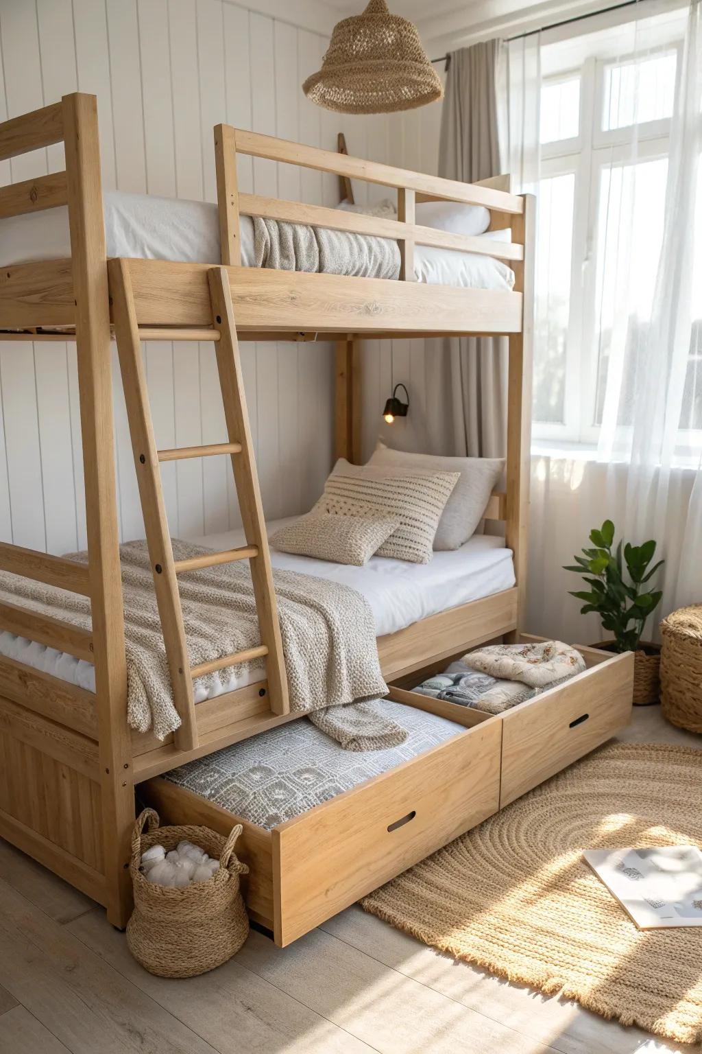 Underbed drawers turn a bunk into a space-saving storage hero for blankets and off-season gear.