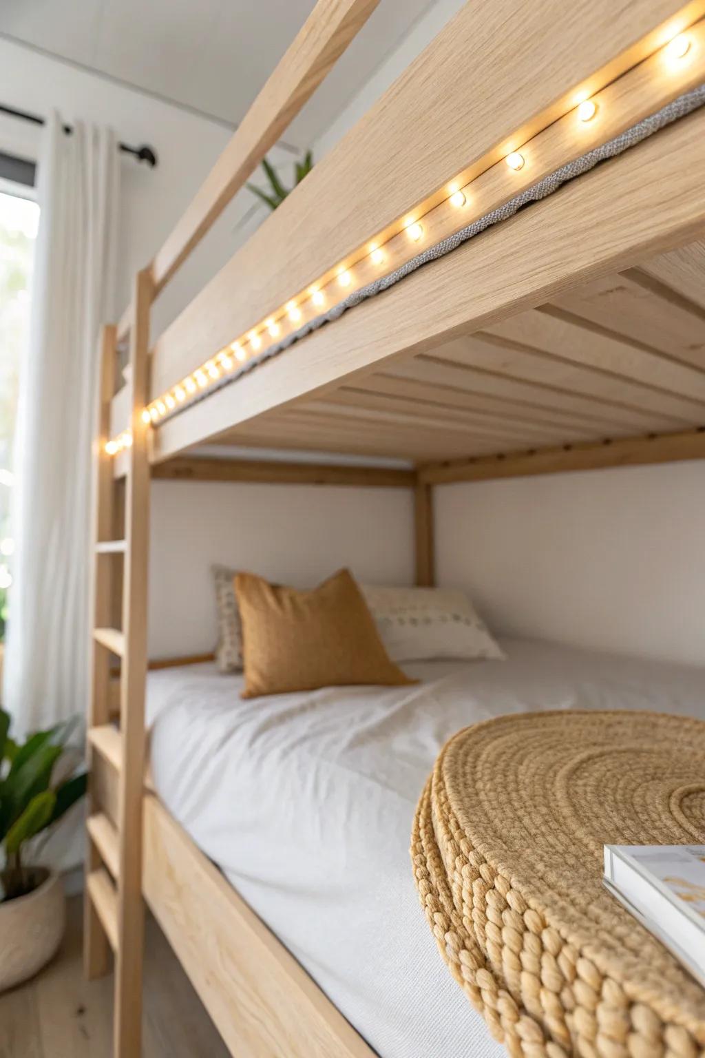 Warm LED strip under the top bunk gives the bottom bunk a cozy glow—no bulky lamp needed.