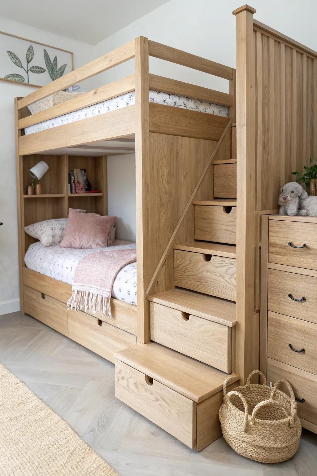 Bunk bed storage stairs: no-wobble steps + hidden drawers for sheets, PJs, and toy clutter.