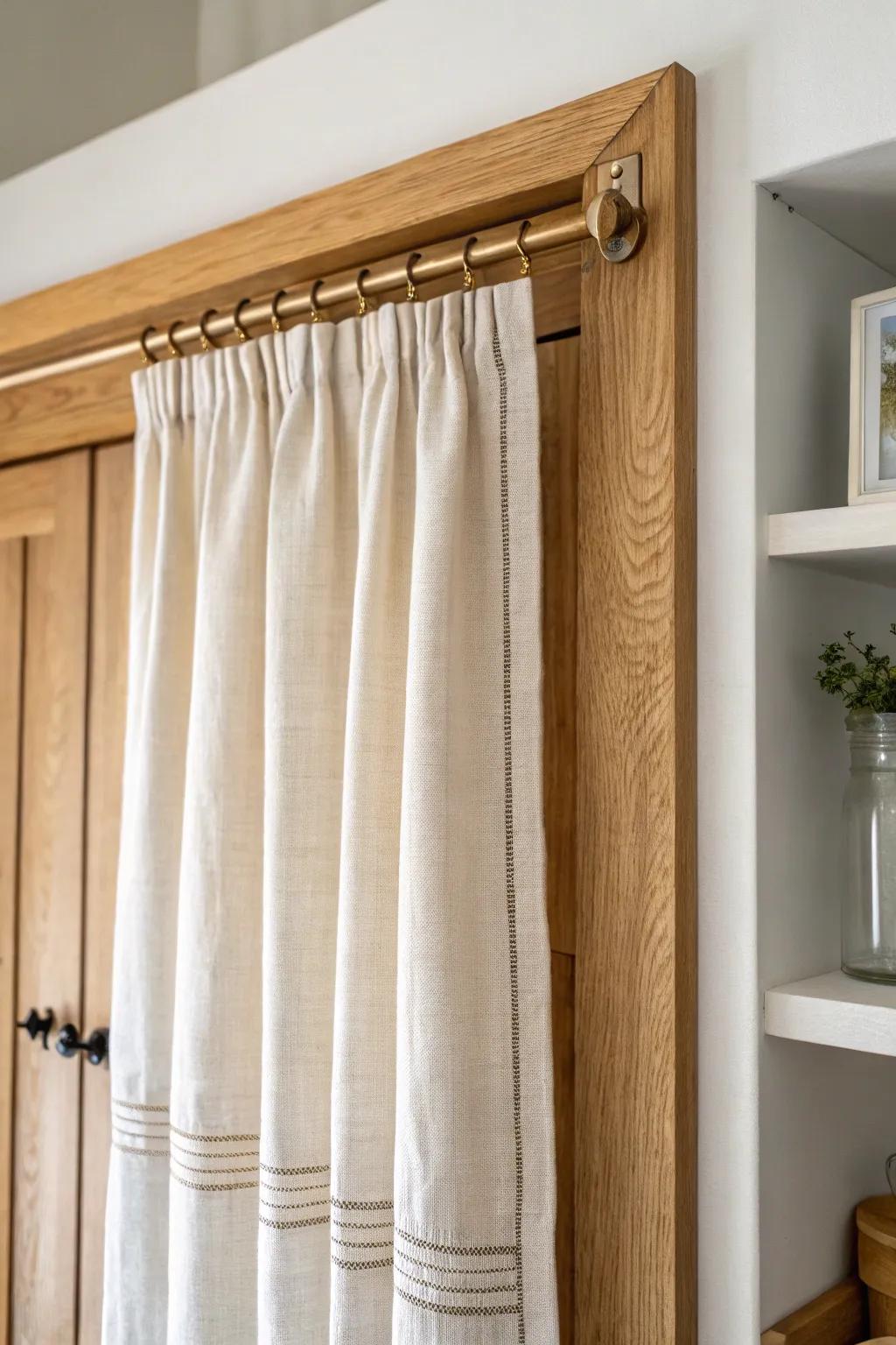 Pleated linen cabinet curtain for a cozy cottage look—minimal, tailored, and space-smart.