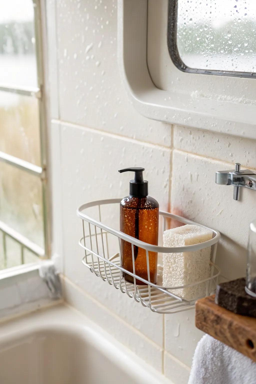 Chest-height suction basket keeps a tiny camper wet bath airy, tidy, and quick-drying.