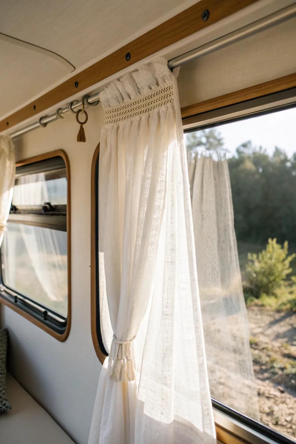 Sheer linen panels that brighten a tiny camper and make the lounge feel open and glowy.