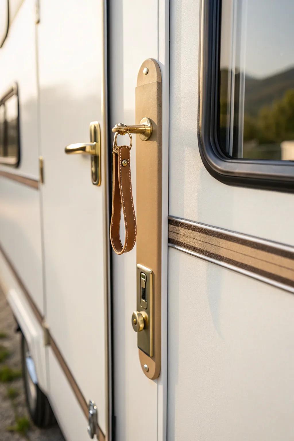 Upgraded brass hardware gives a camper door an instant custom, residential feel—fast and impactful.