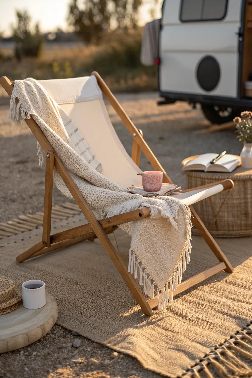 One cozy folding chair sets the tone—angle seats inward for an instant campsite living room.
