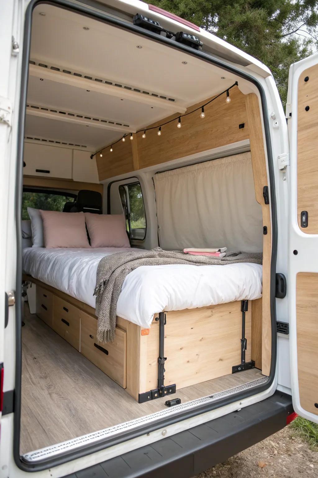 Transverse rear bed with slim storage—minimal, airy, and perfect for tiny camper layouts.