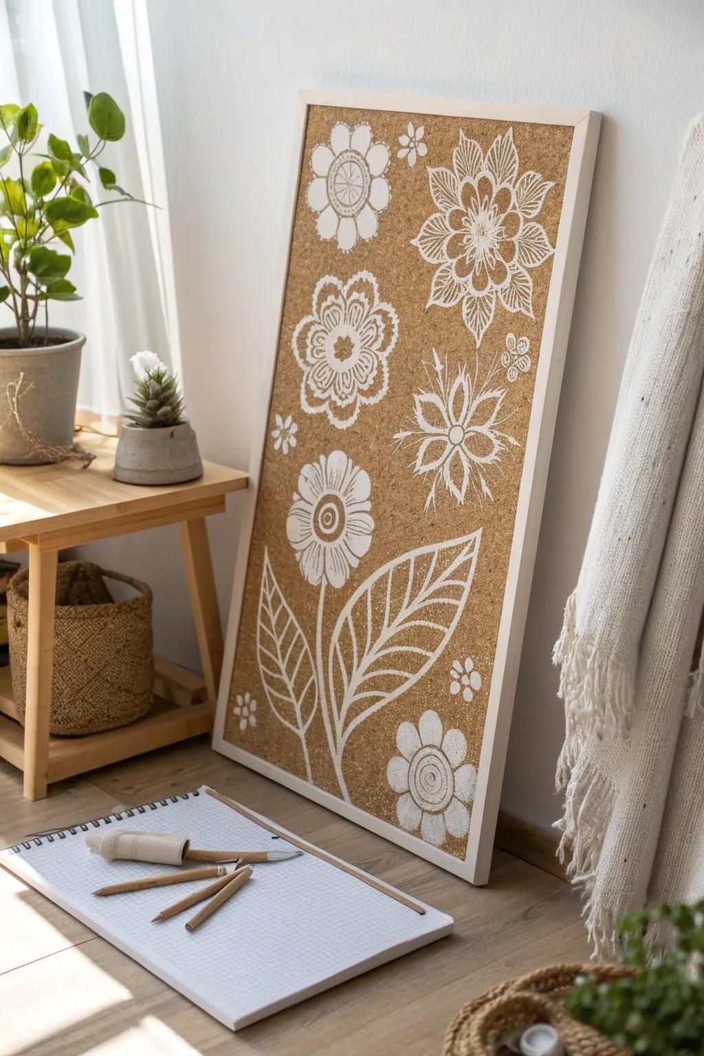 Transform your space with stenciled cork board artistry—where simplicity meets elegance.