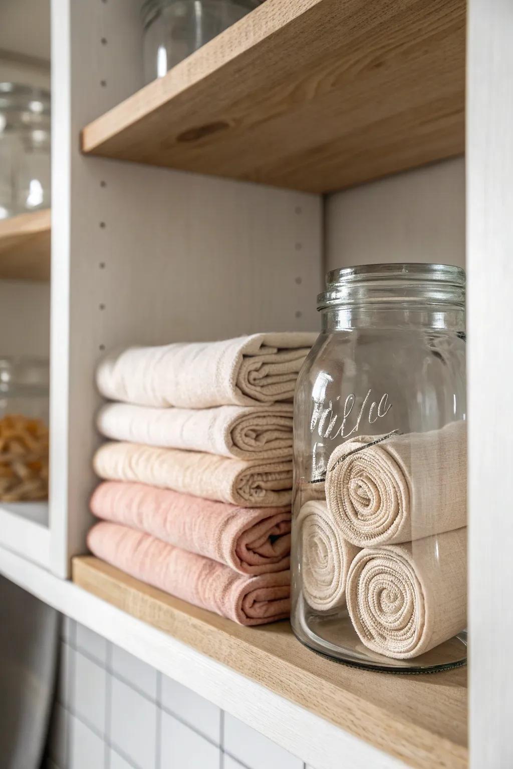 A single canning jar turns one cabinet shelf into calm, sorted storage for small kitchens.