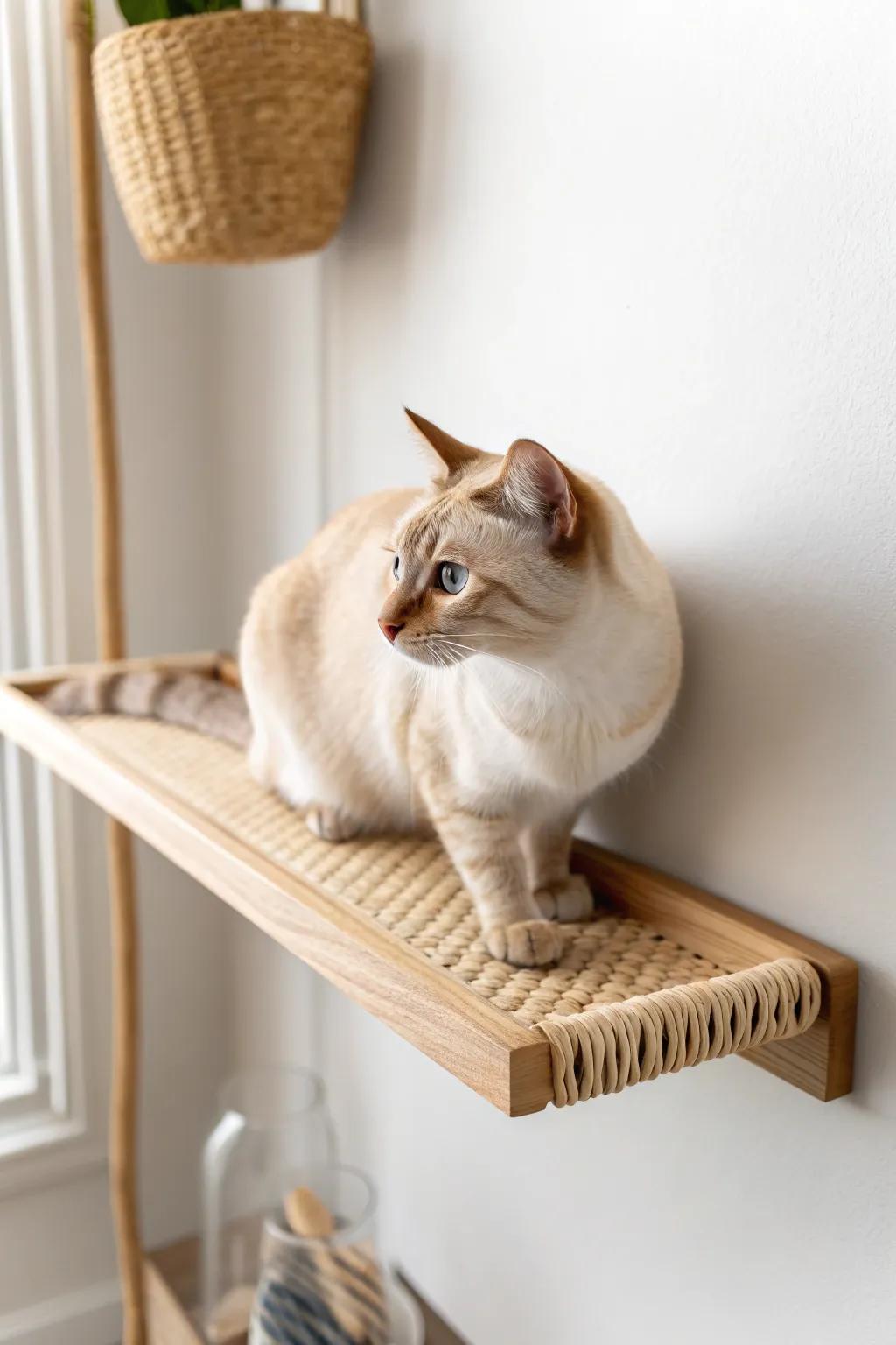 A floating oak cat shelf blends into your décor—simple, stylish, and counter-saving.