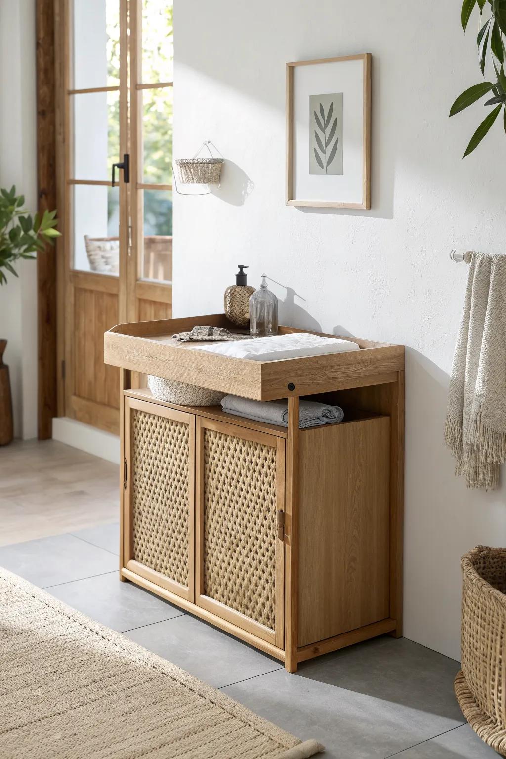 Wall-mounted fold-down changing table—sleek, space-saving beauty for tiny nurseries.