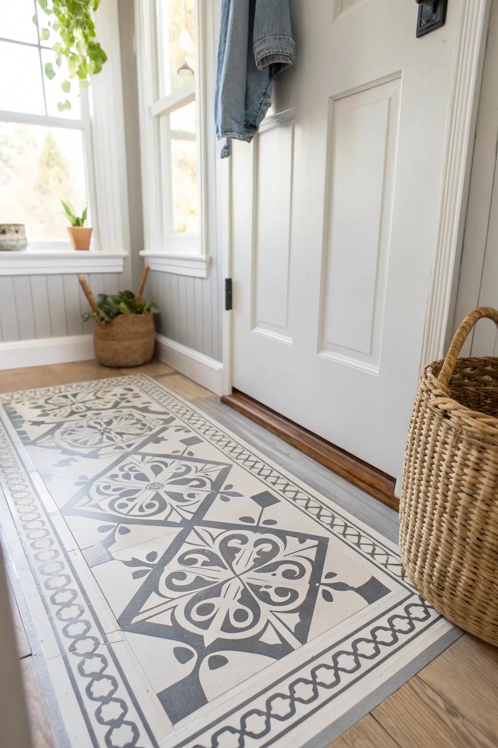 Stencil-paint a faux tile floor for pennies—bold contrast makes any small hallway feel custom.