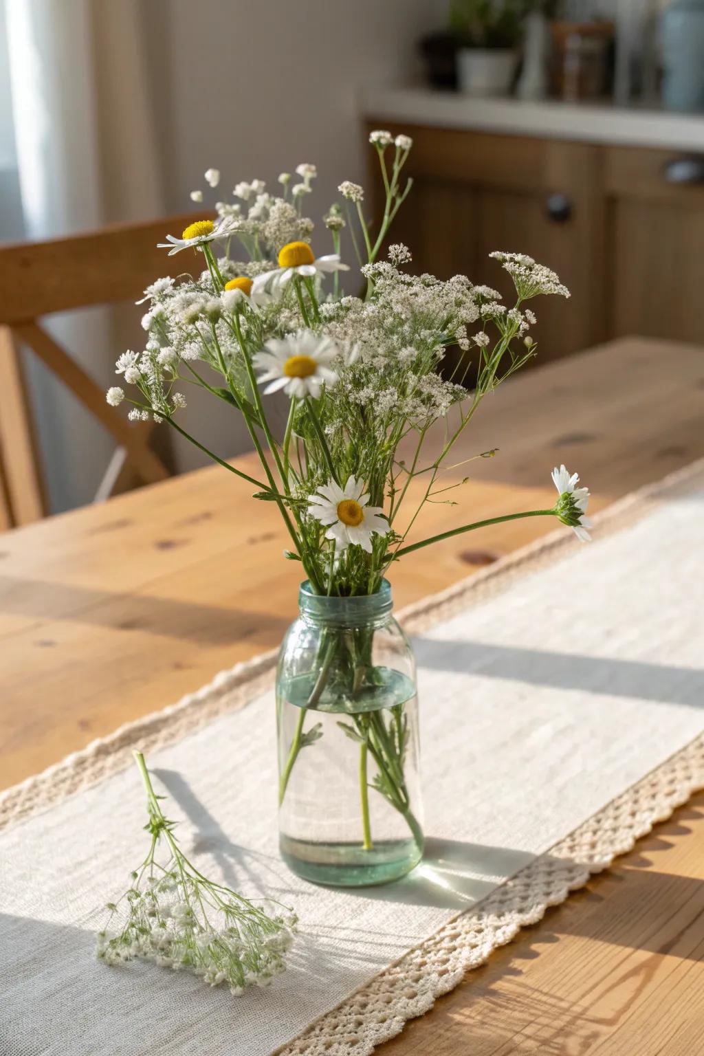 One glass jar + a few wildflower stems: the easiest, prettiest budget table centerpiece.
