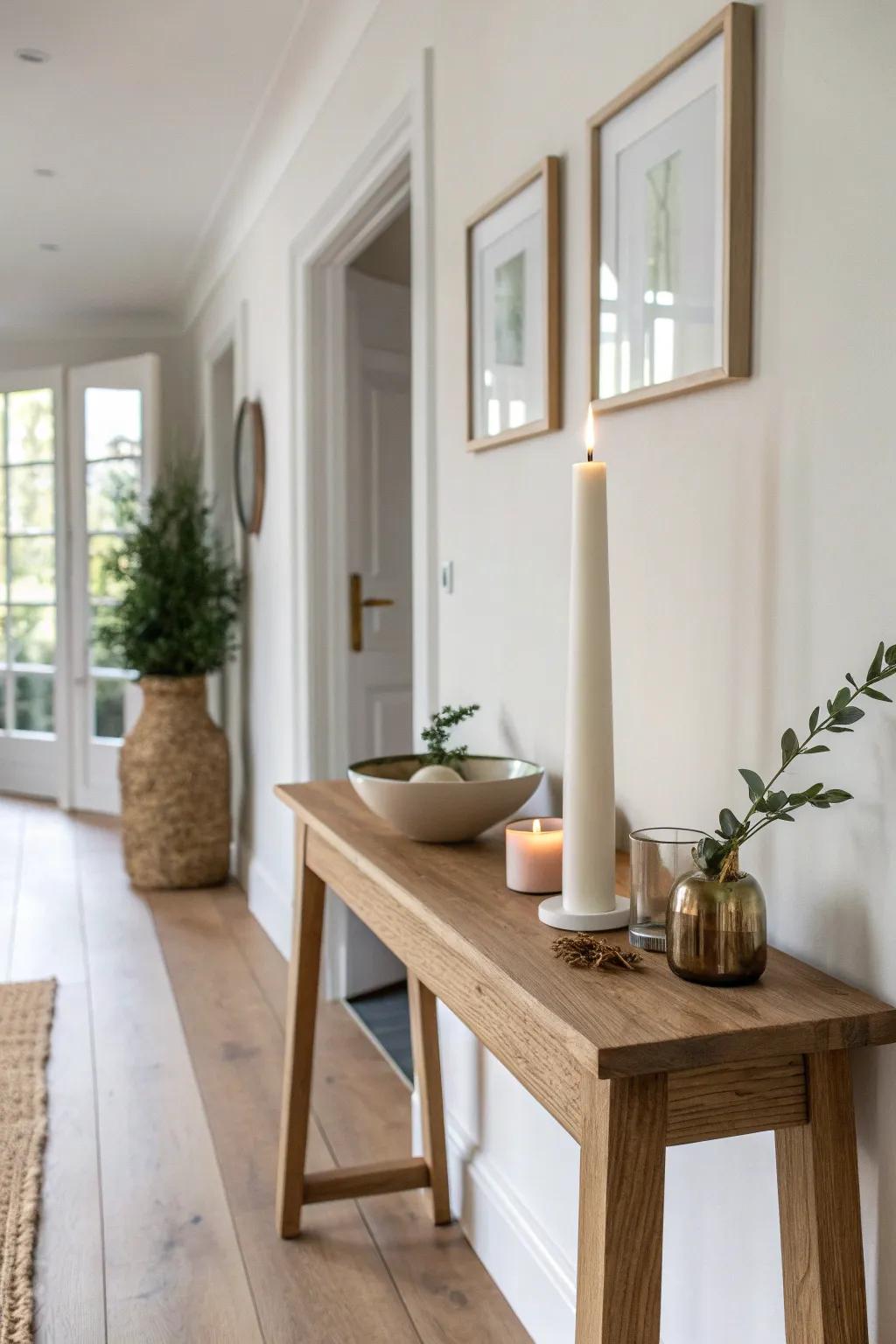 Minimal Christmas console moment: one tall candle, fresh greenery, and a tiny ornament bowl.