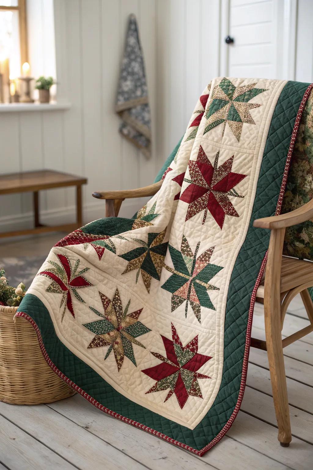 Transform your home into a holiday haven with this stunning stars and geometric quilt, where simplicity meets artistry.
