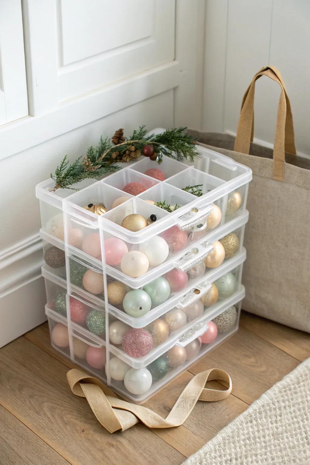 Color-sorted ornament tote for stress-free decorating—pretty, compact, and easy to grab.