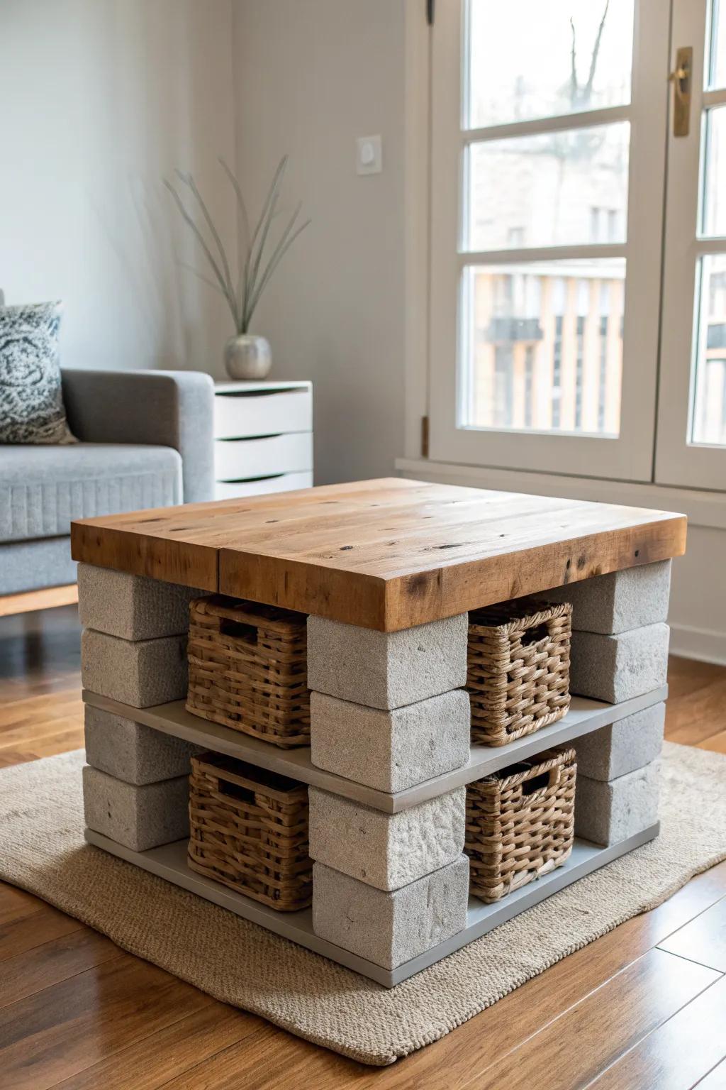 Chunky cinder blocks + warm oak = a small-space coffee table with built-in open storage.