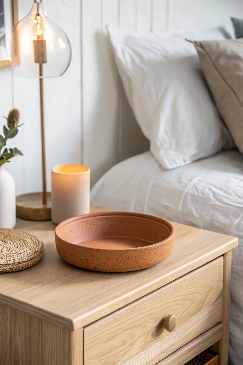 Nightly surface reset: one handmade catchall on a clear nightstand instantly calms the room.
