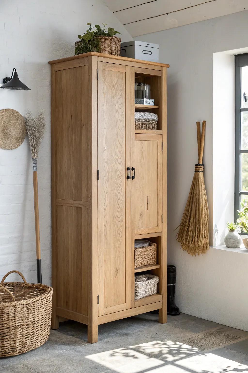 Floor-to-ceiling cabinets hide bulky tools beautifully—hello, calm and clutter-free utility room.
