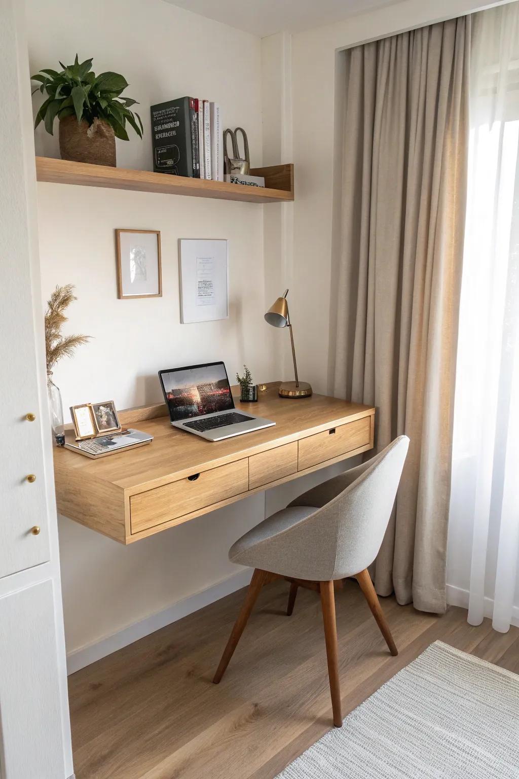 A simple floating desk keeps the cloffice floor open—clean, calm, and easy to vacuum.