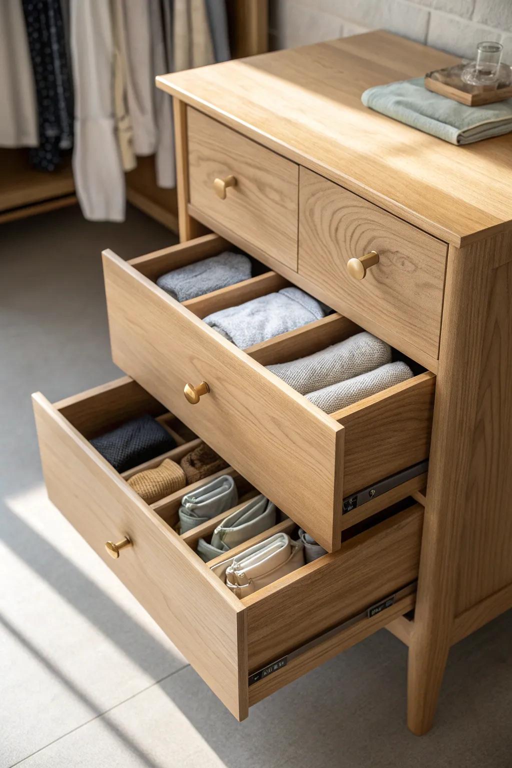 Shallow built-in drawer stacks with dividers keep small closet items neat and morning-ready.