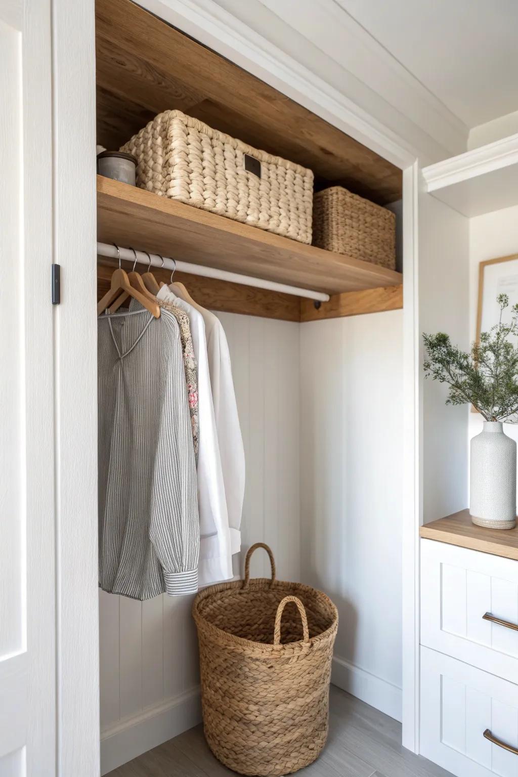 A sleek corner bridge shelf creates bonus storage—beautifully linking both closet walls.