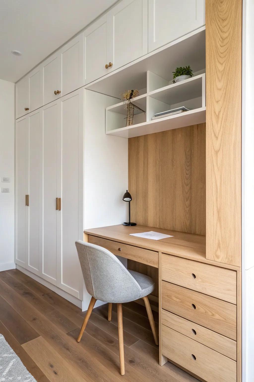 A wall-to-wall built-in closet desk: sturdy, minimal, and warm oak for small-space work zones.