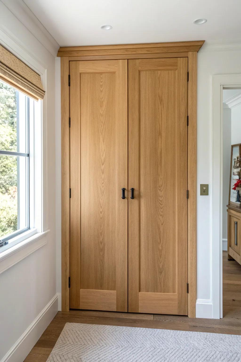 Double swing closet doors in warm oak turn a tiny guest room closet into real furniture.