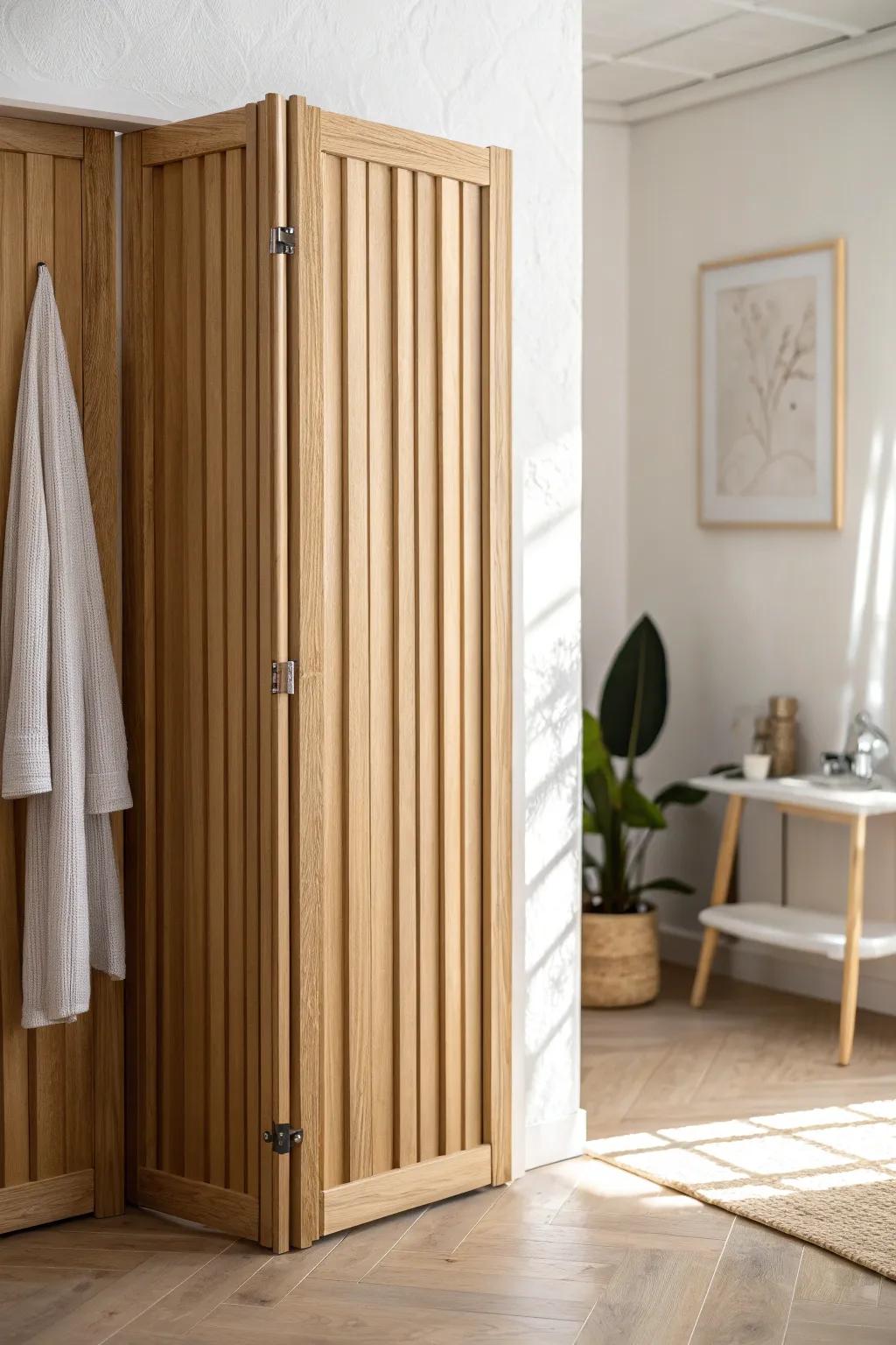 Accordion closet doors fold away neatly—perfect for tiny closets and a calm, airy look.