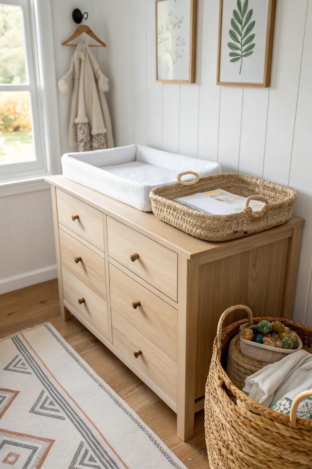 A closet changing station that keeps diapers and wipes within reach—simple, calm, and space-smart.