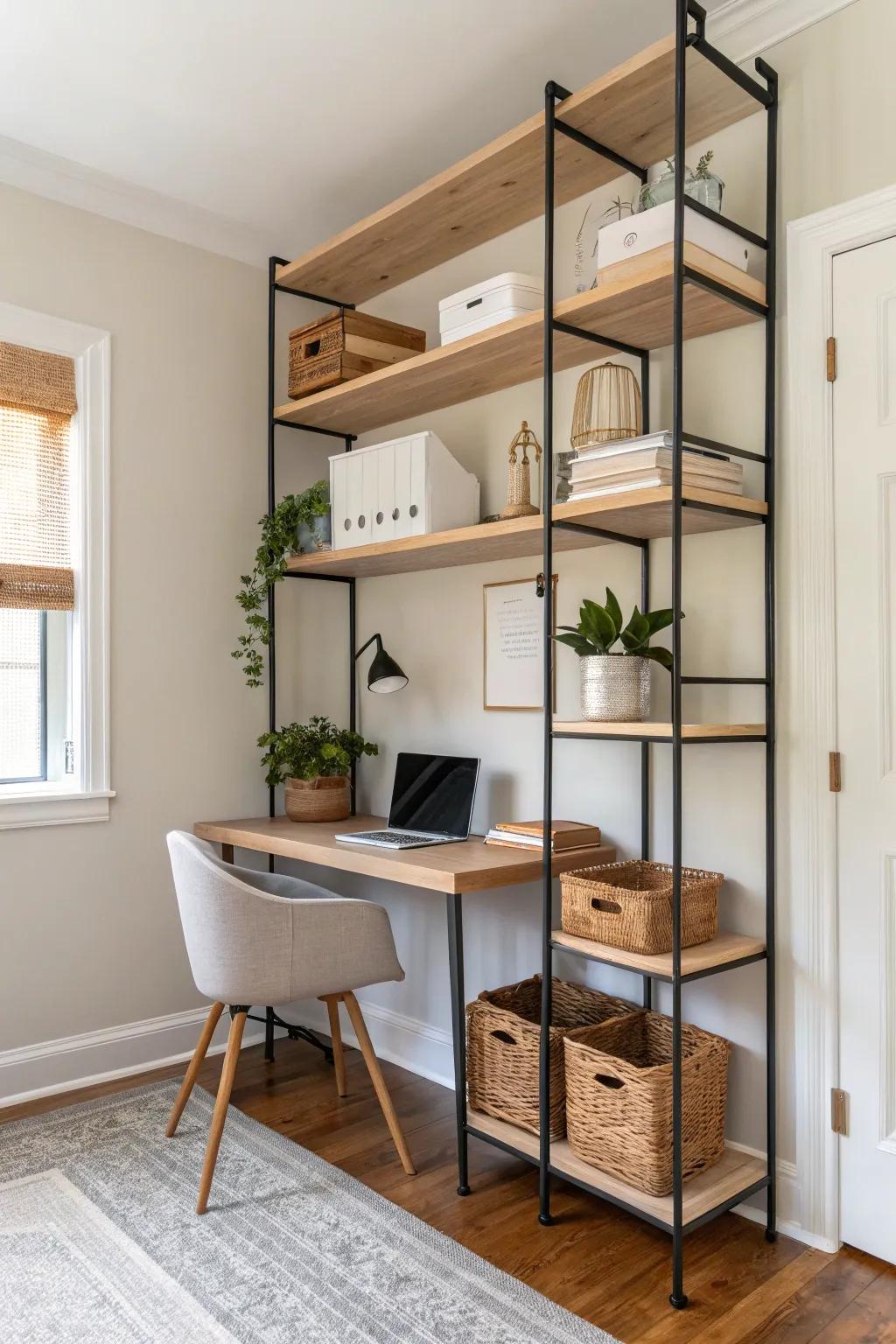 Go vertical: sleek wall shelves make a closet office feel airy—daily essentials low, tidy bins up top.