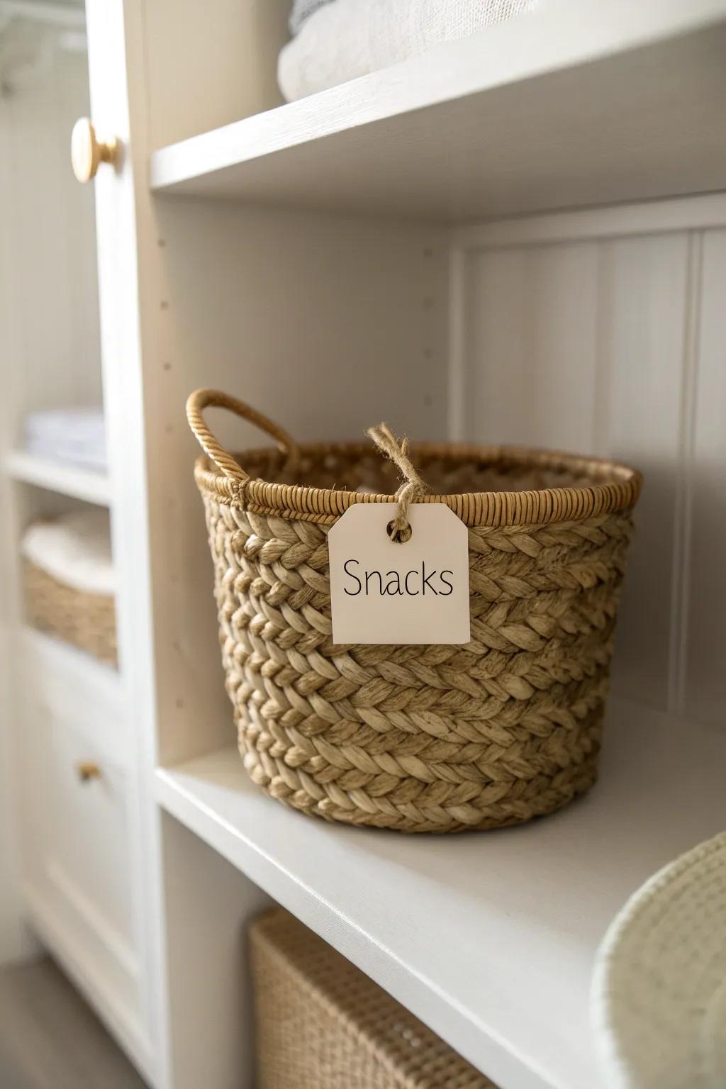 A simple “Snacks” basket creates a kid-eye-level pantry zone and prevents duplicate buys.