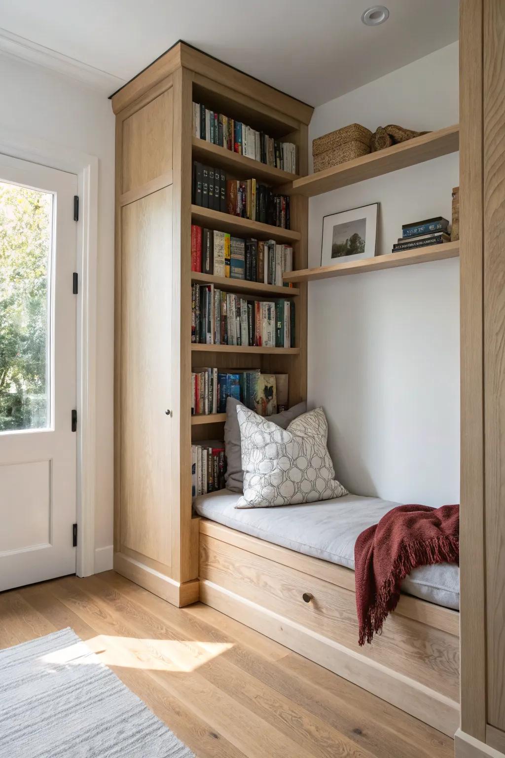 Wrap a closet nook in floating shelves for a tiny, luxe library vibe—books on both sides.