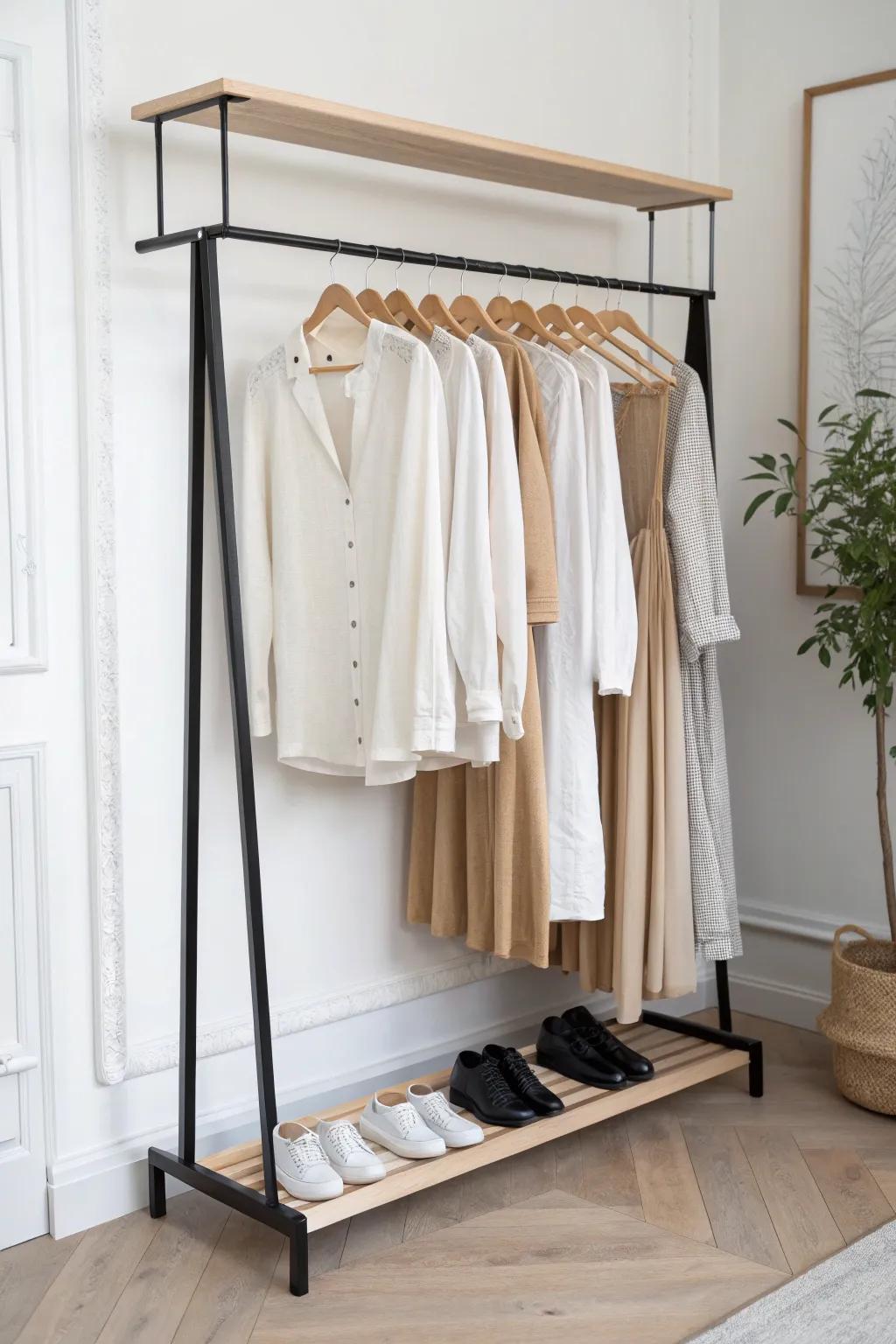 Double-hang rails: tops above, bottoms below—twice the display space in one clean zone.