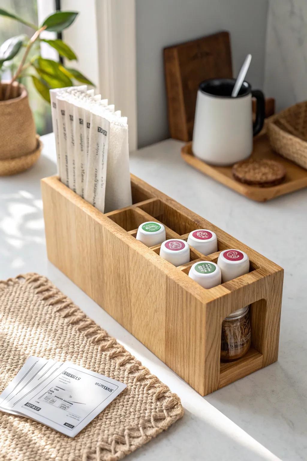 Slim pod-and-packet organizer keeps every flavor visible and your small coffee bar effortlessly tidy.