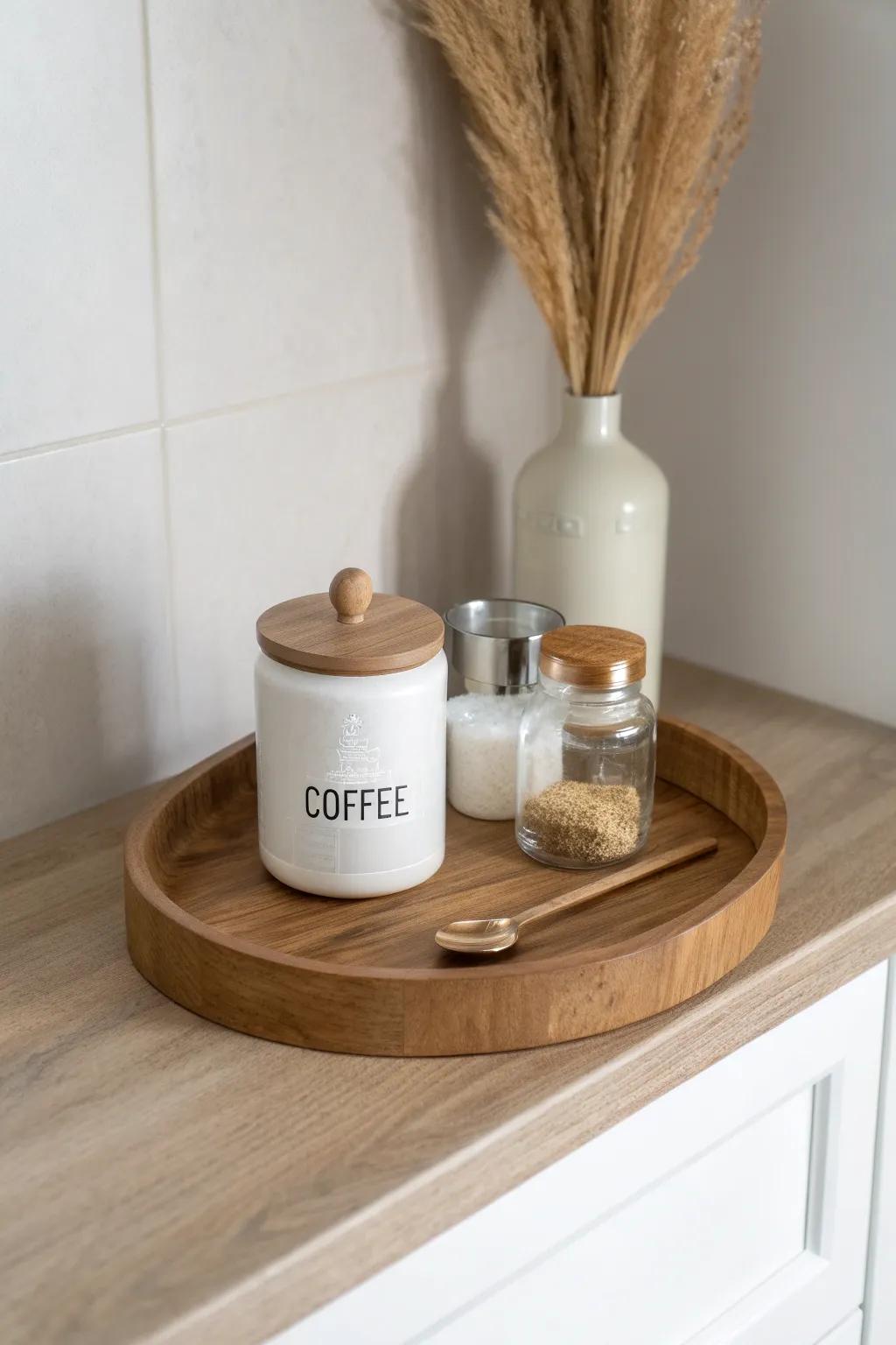 One decorative tray turns a tiny counter corner into a tidy, wipe-clean coffee zone.