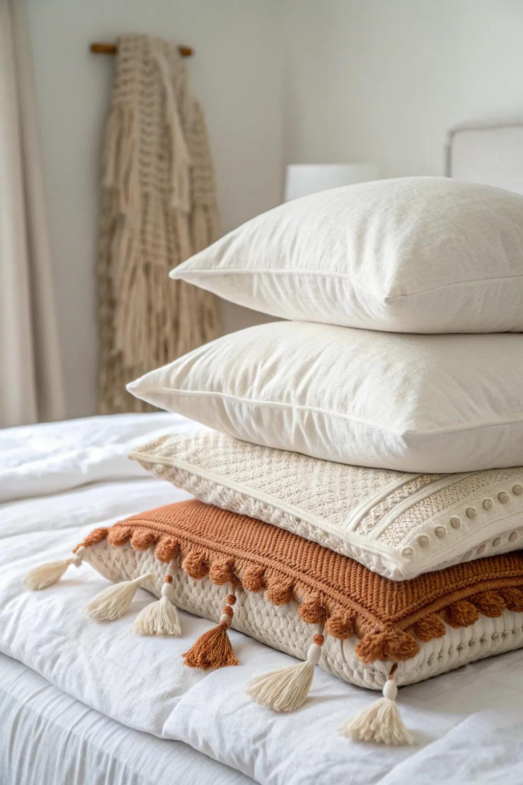 Layer sleeping pillows behind textured throws for an instantly styled college bedroom look.