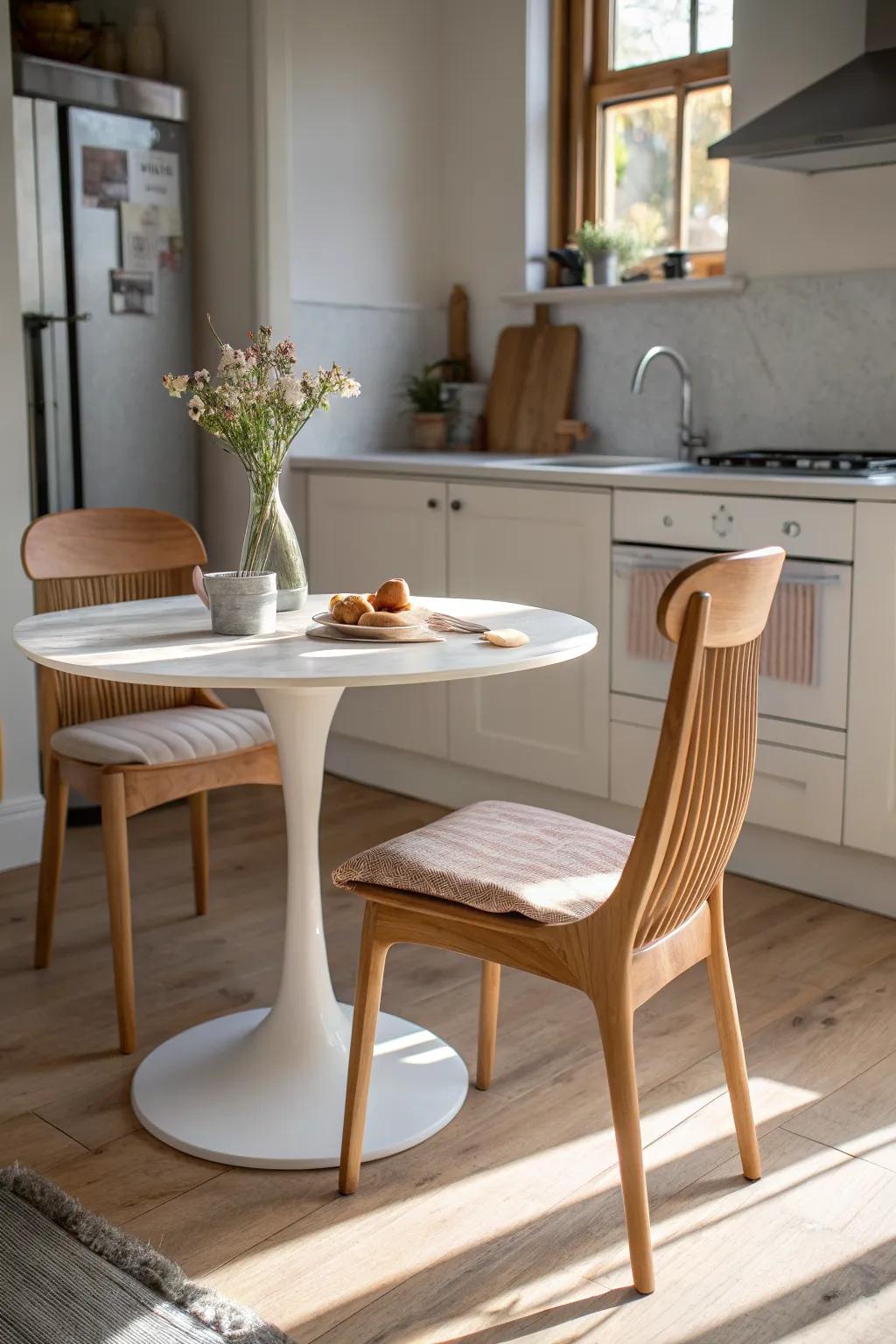 One chair, clear walkway—keep the kitchen work triangle open in a combined dining space.