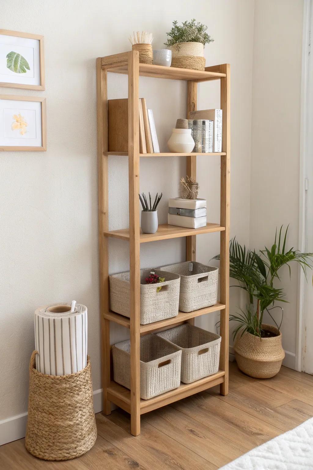 Vertical shelving: office essentials up high, soft toy bins down low—tidy, kid-safe, small-space smart.