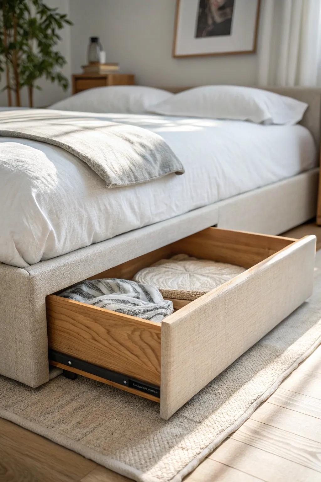 Slide a folded comforter into a linen under-bed bin for dust-free, grab-and-go storage.