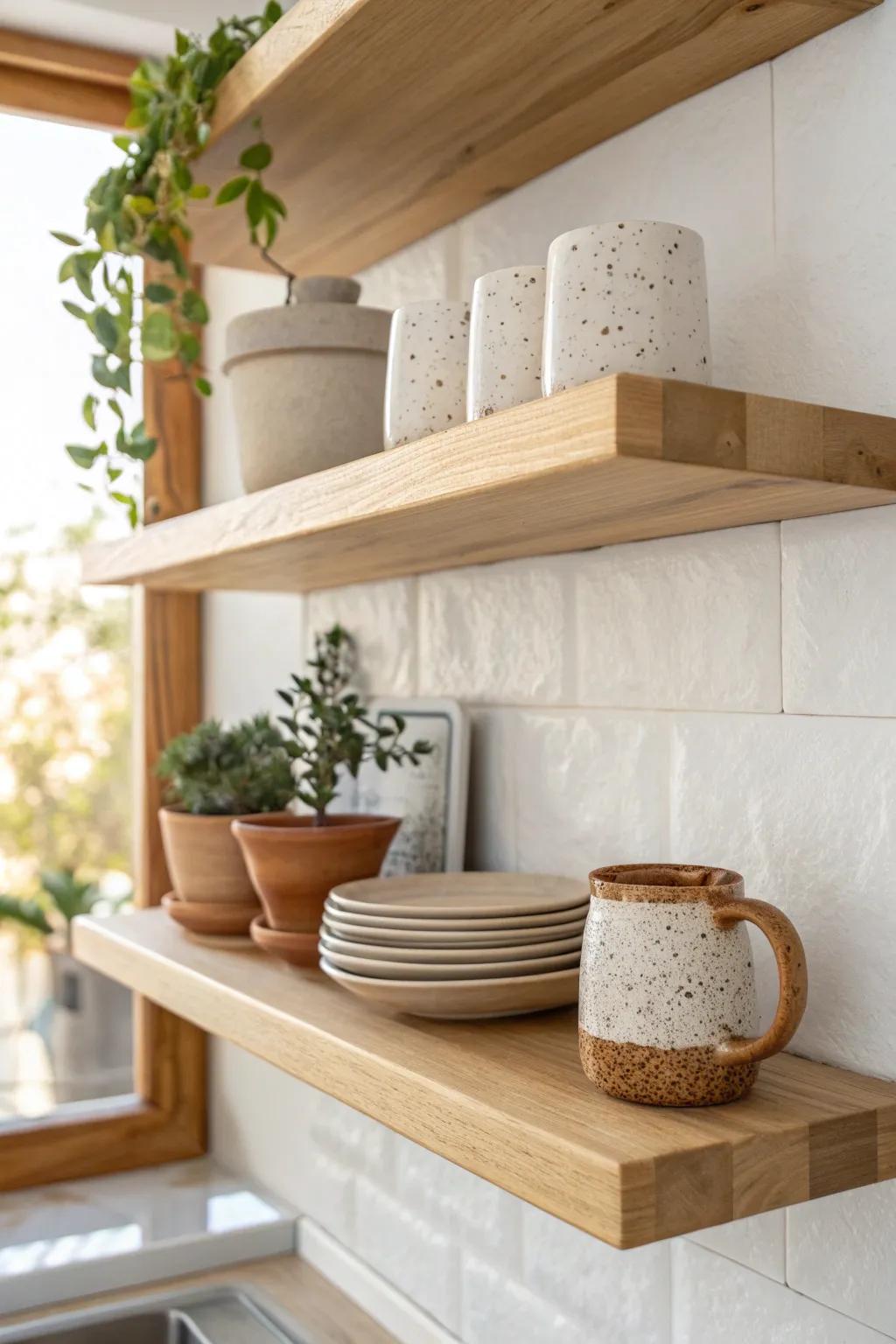 Swap bulky uppers for one airy open shelf—display only your prettiest everyday dishes.