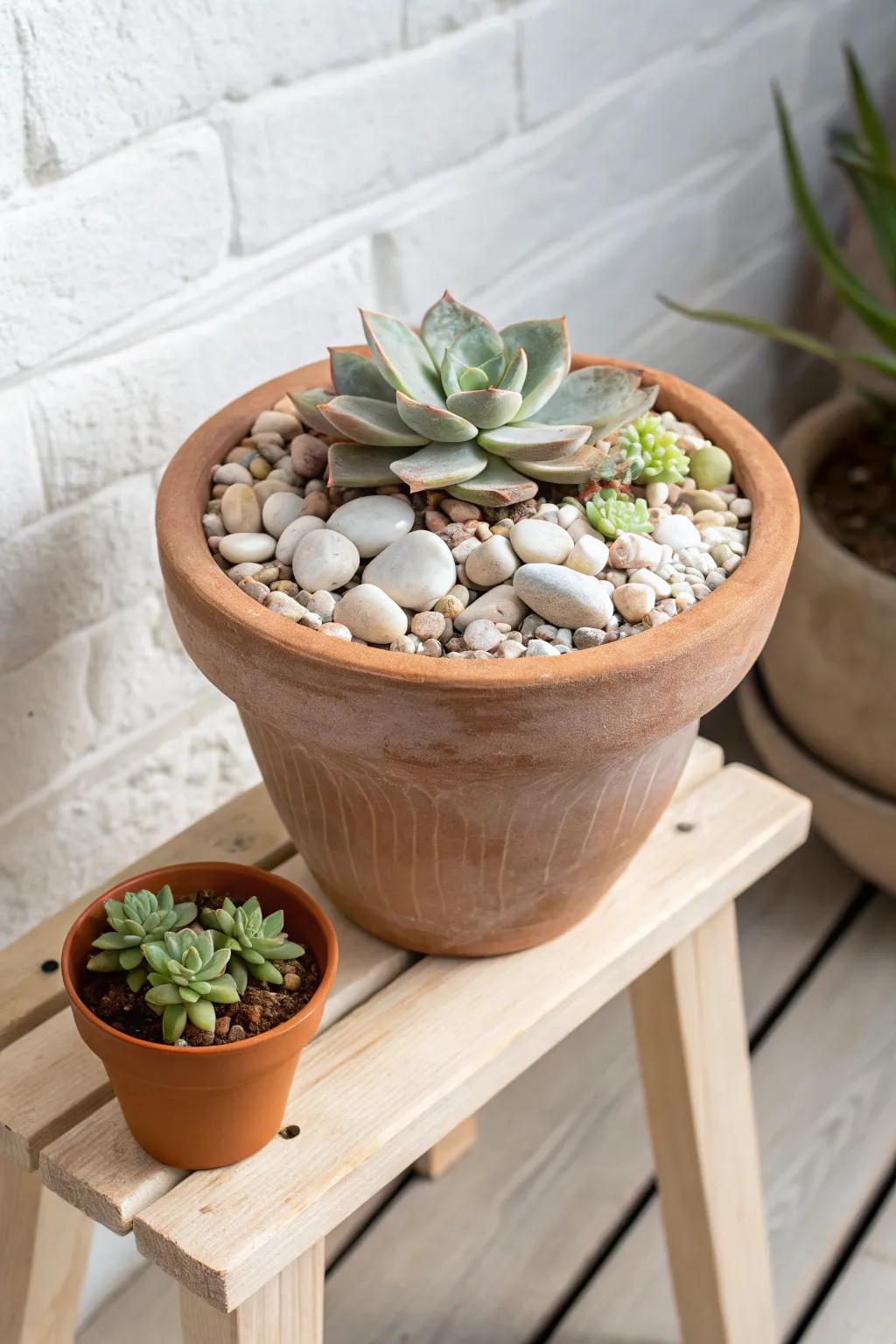 Classic terracotta rock garden with a thick gravel top-dress—timeless, tidy, and low-fuss.