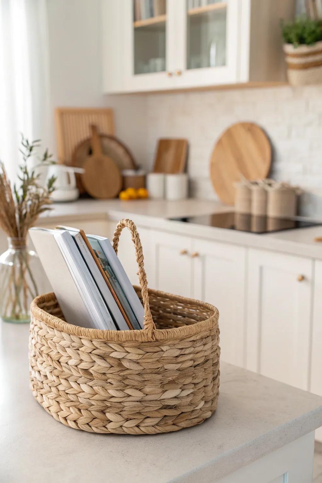 A woven countertop basket keeps your everyday cookbooks tidy, beautiful, and within reach.