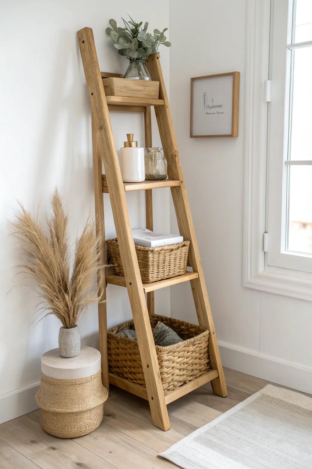 Turn an awkward corner into calm storage with a ladder shelf and woven baskets below.