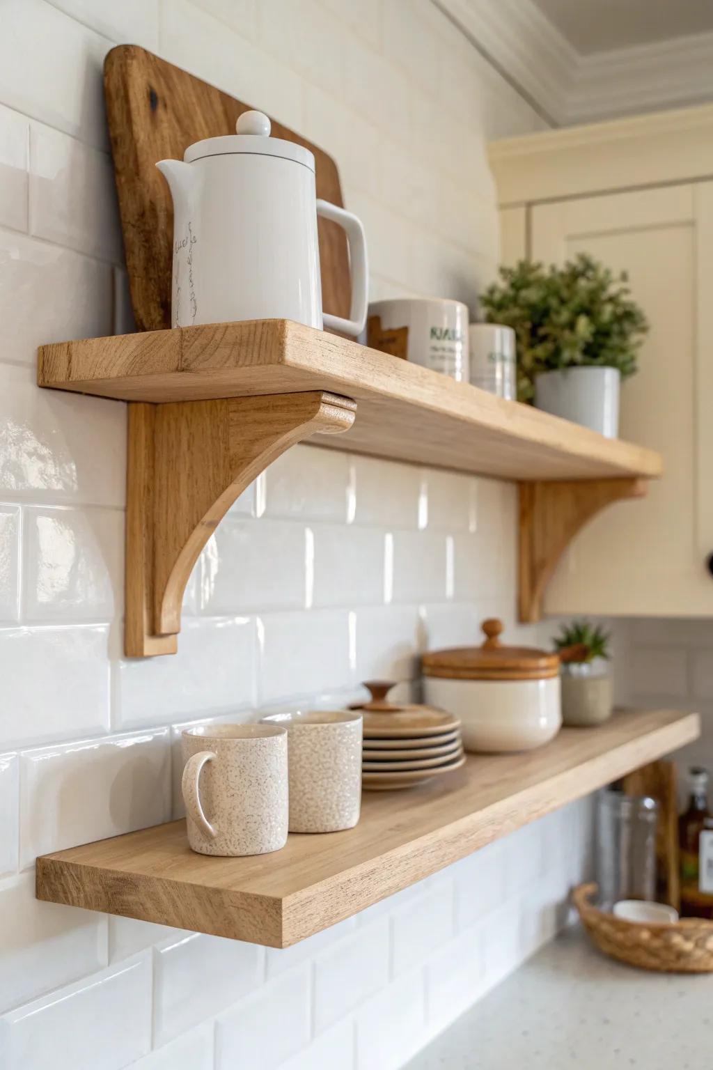 A cozy kitchen coffee nook—lightweight styling on a handcrafted corbel shelf.