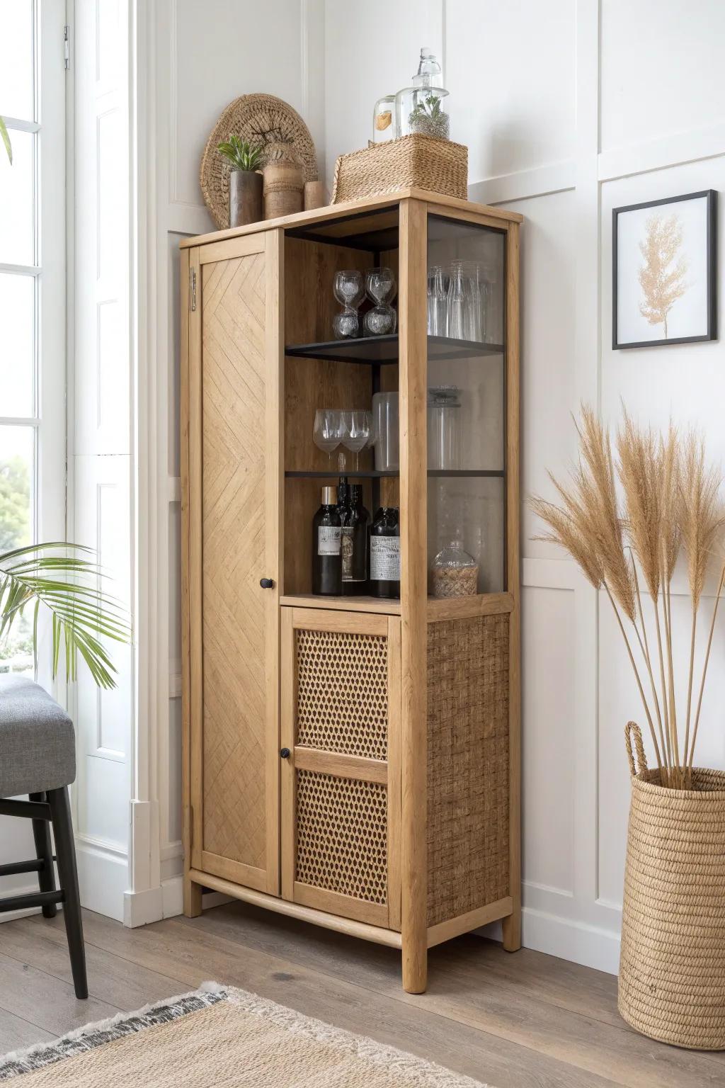 A tall corner cabinet bar that hides the clutter—glassware up top, bottles tucked below.