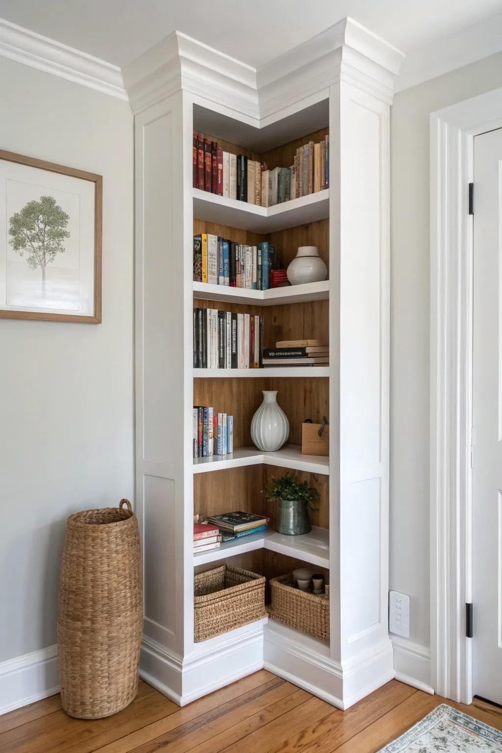 Fake a built-in corner bookshelf: stack, trim, and paint to match the walls for a custom look.