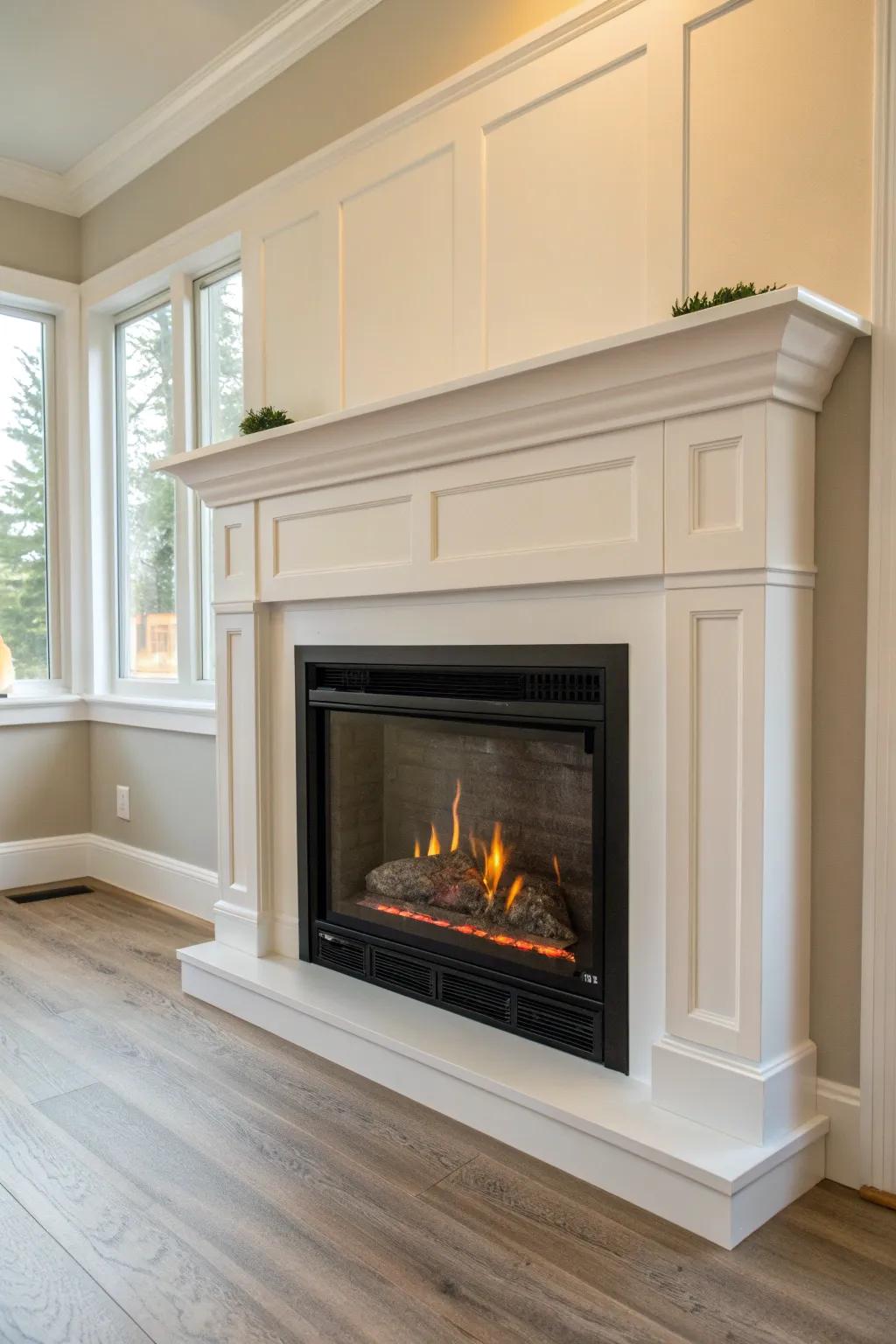 Budget built-in vibe: simple trim + wall-matching paint makes a corner fireplace look custom.