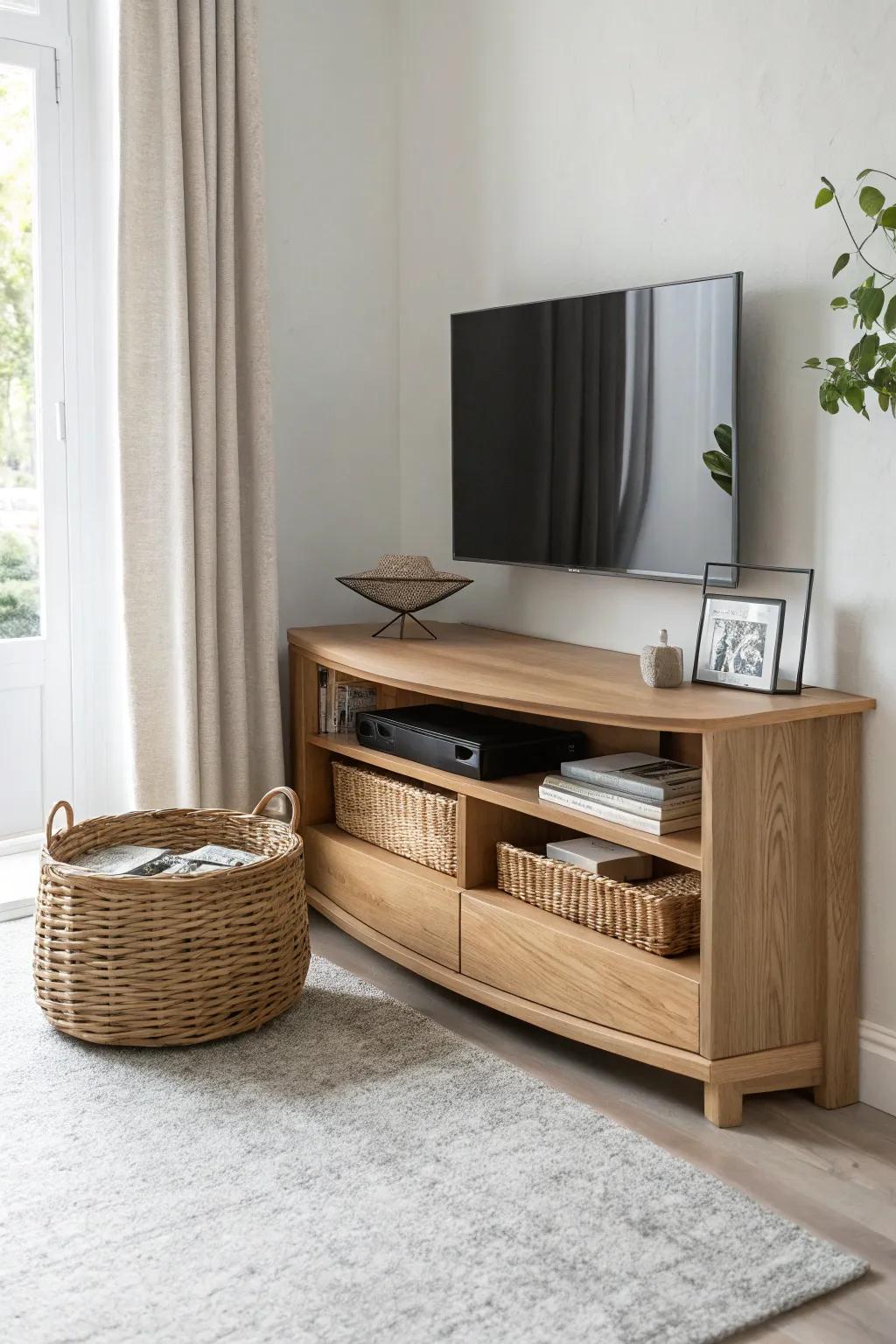 A floating corner console opens up the room—clean lines, warm wood, and clutter-free control.