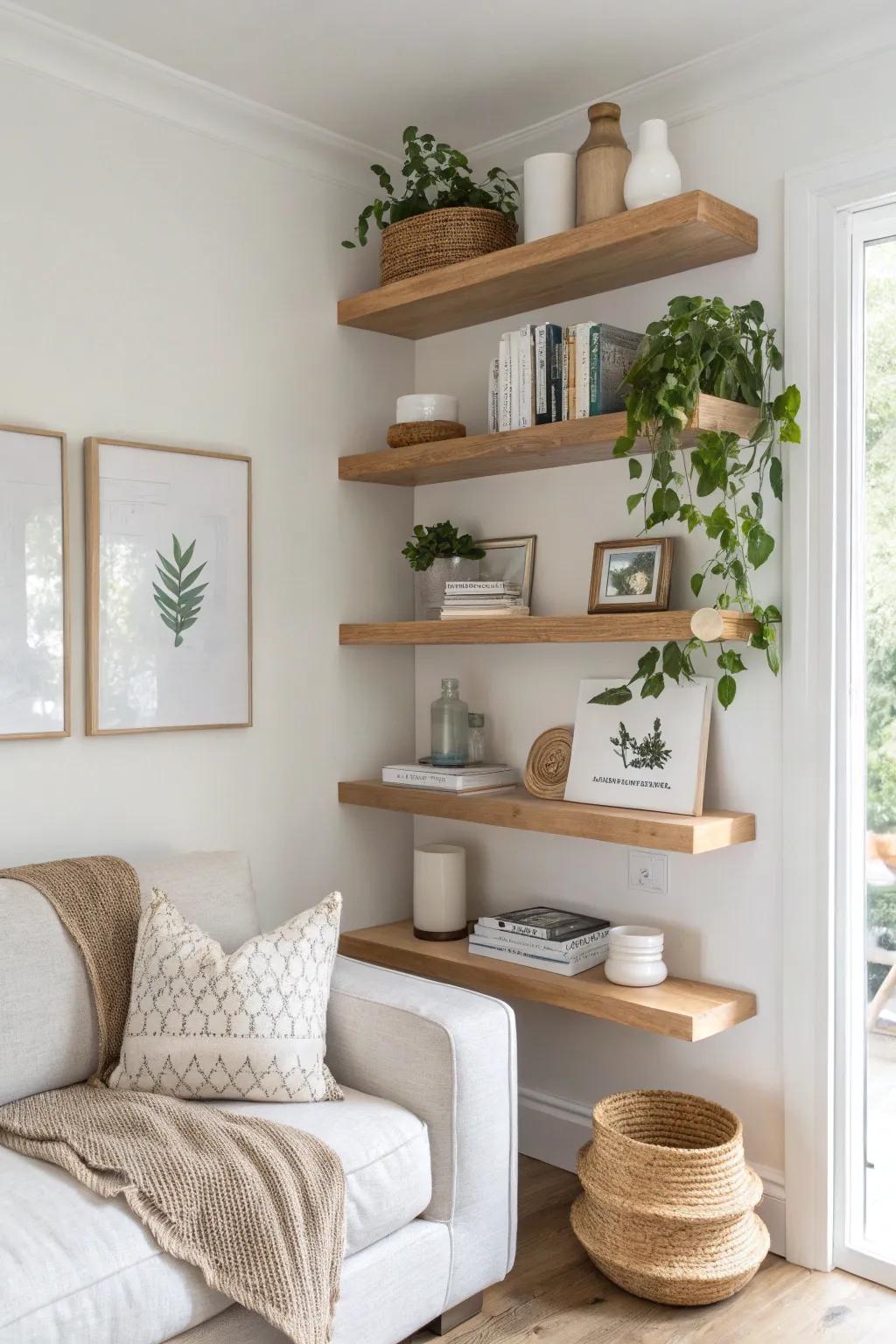 Staggered floating corner shelves in light oak—minimal, airy storage with a soft boho touch.